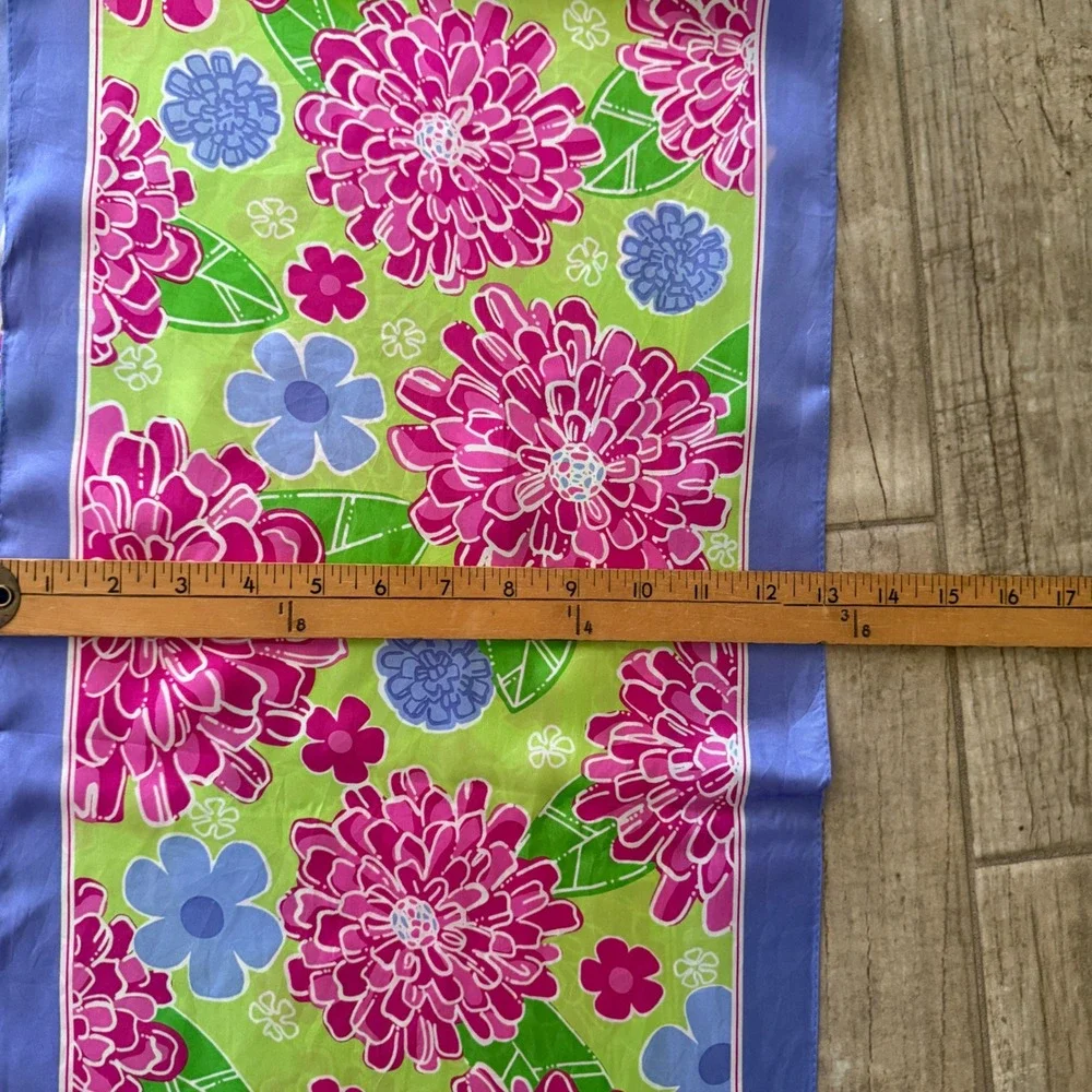 Lilly Pulitzer Ford Warriors in Pink Silk Floral Scarf Pink‎ Green Blue Ribbon